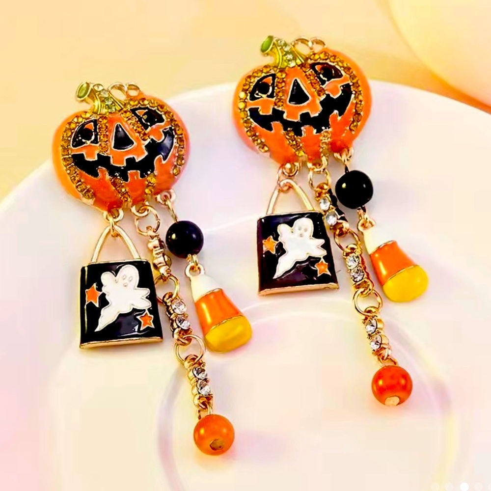 🍁 Fall Pumpkin With Ghost Rice Ball Halloween Earrings 🎃